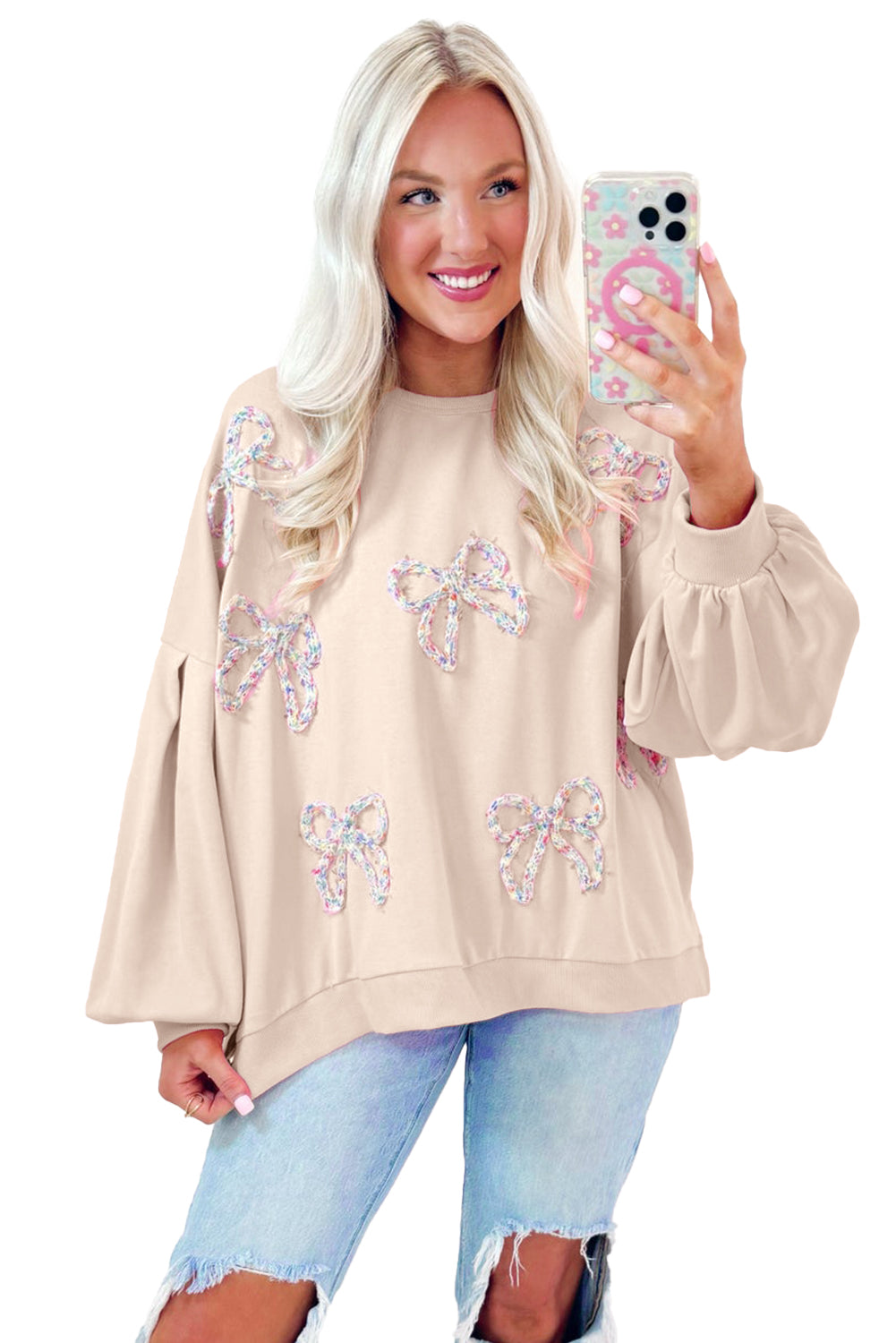 Light Pink Sweet Bow Lantern Sleeve Oversized Pullover Sweatshirt