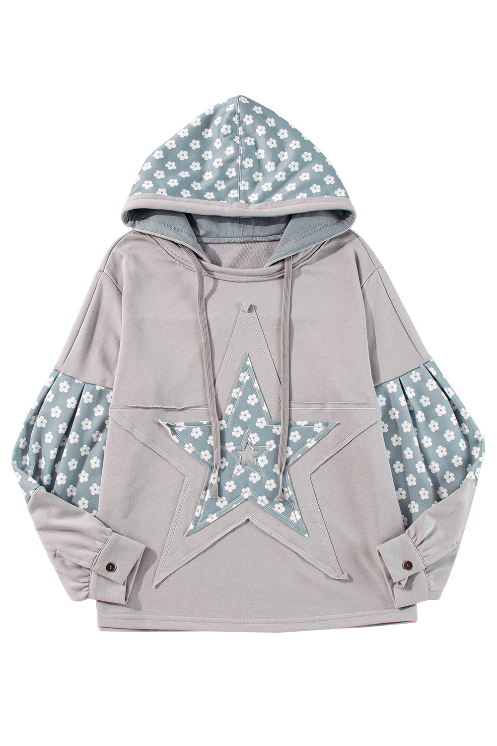 Apricot Floral Patchwork Star Pattern Drawstring Hoodie