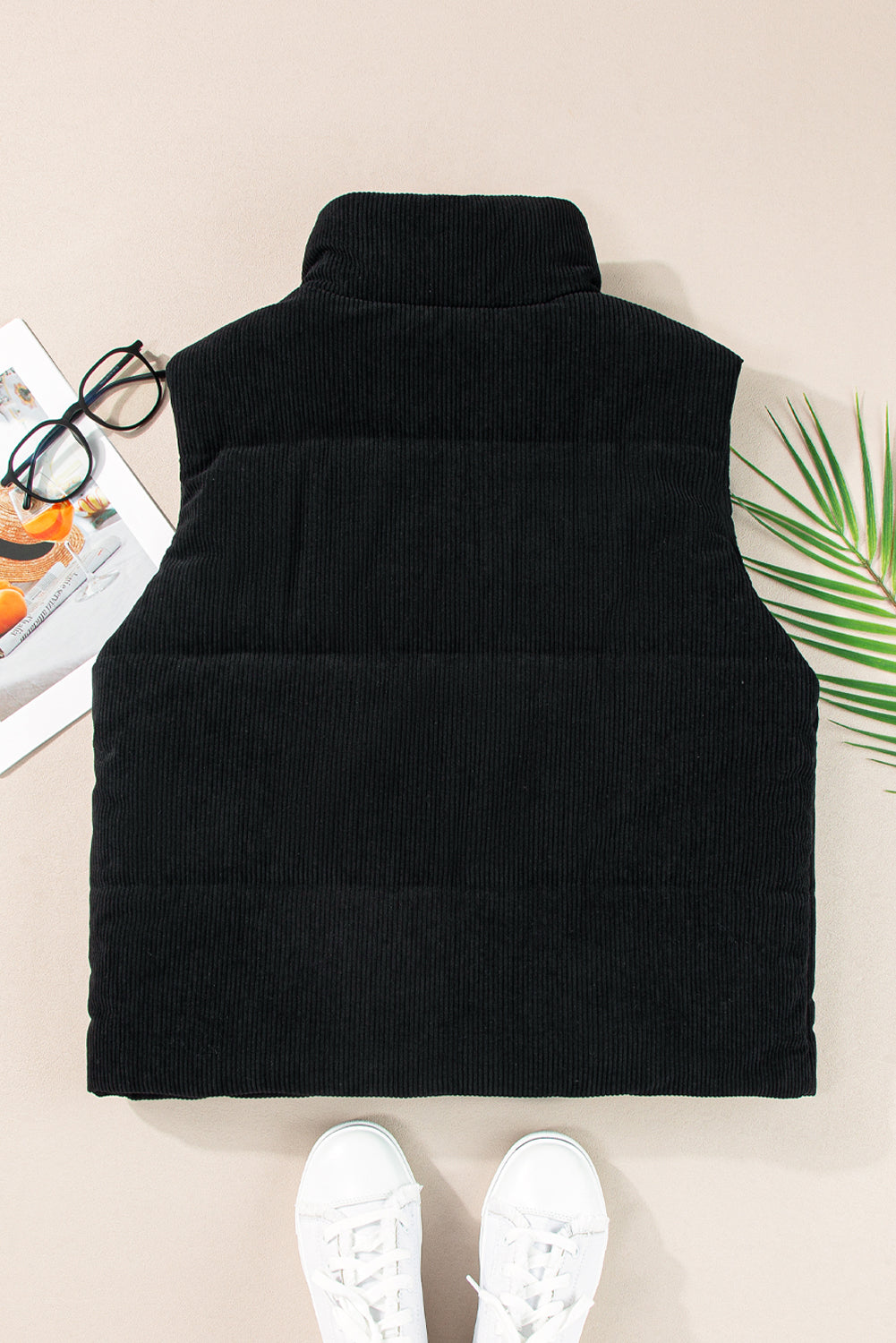 Coffee Solid Color Corduroy Puffer Vest Coat