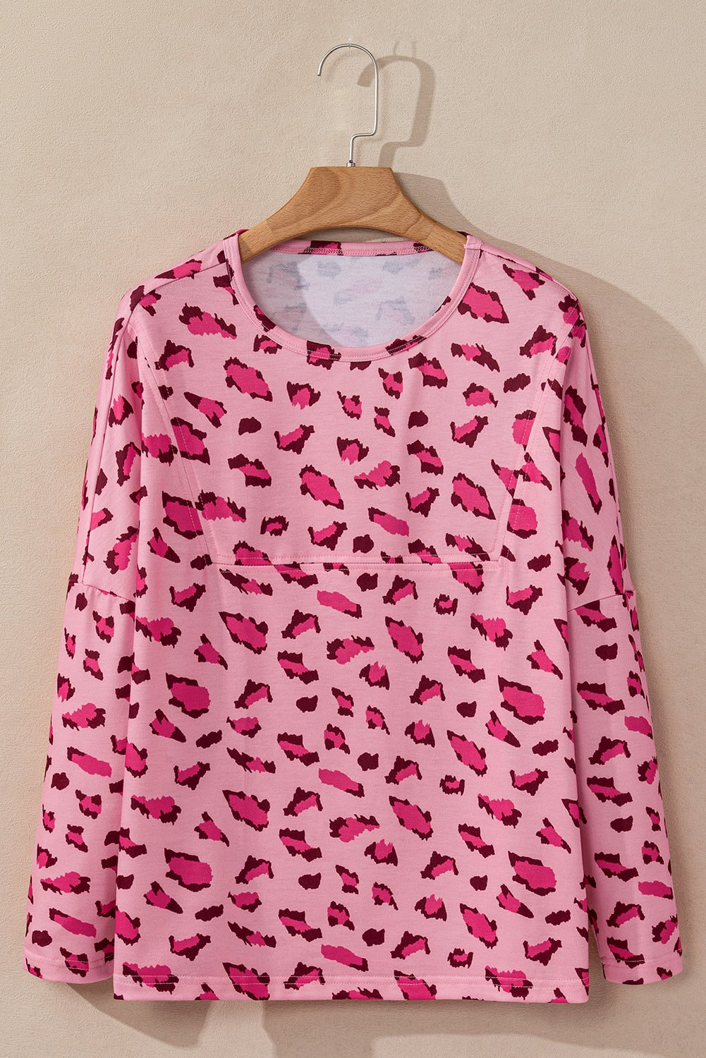 Pink Leopard Stitching Loose Long Sleeve Top