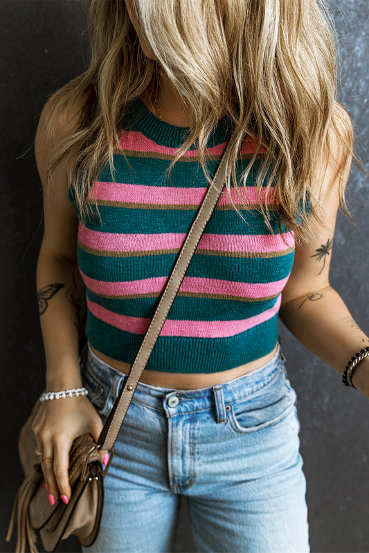 Pink Stripe Knit Crewneck Cropped Tank Top