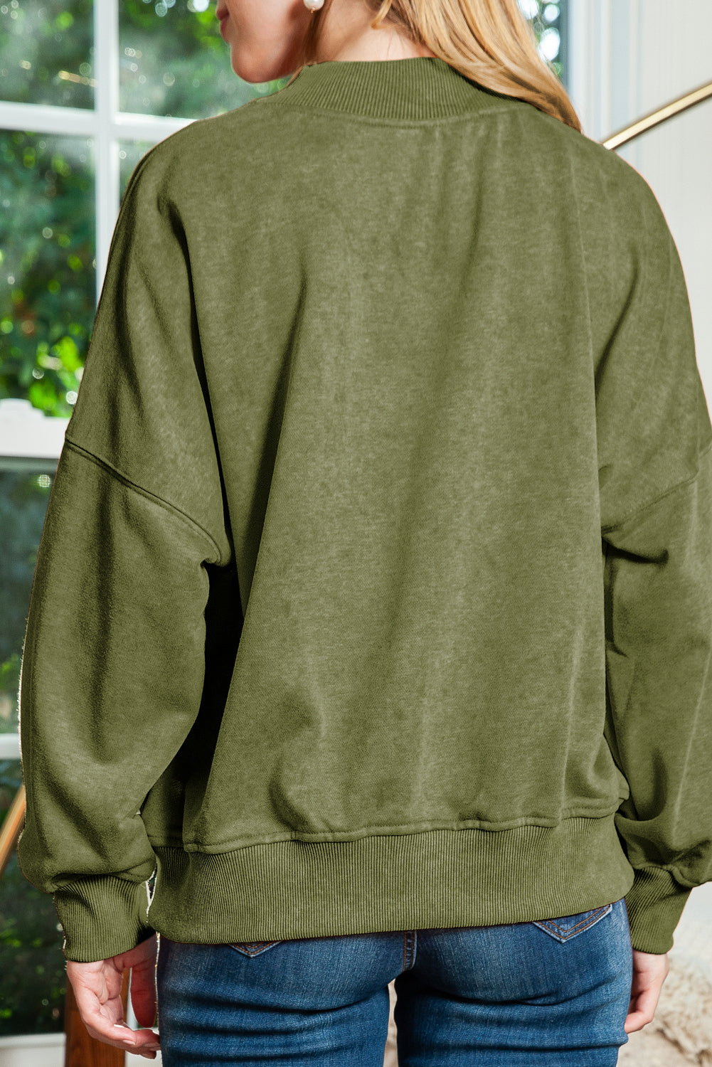 Green Light Plain Washed Drop Shoulder Pullover Sweatshirt