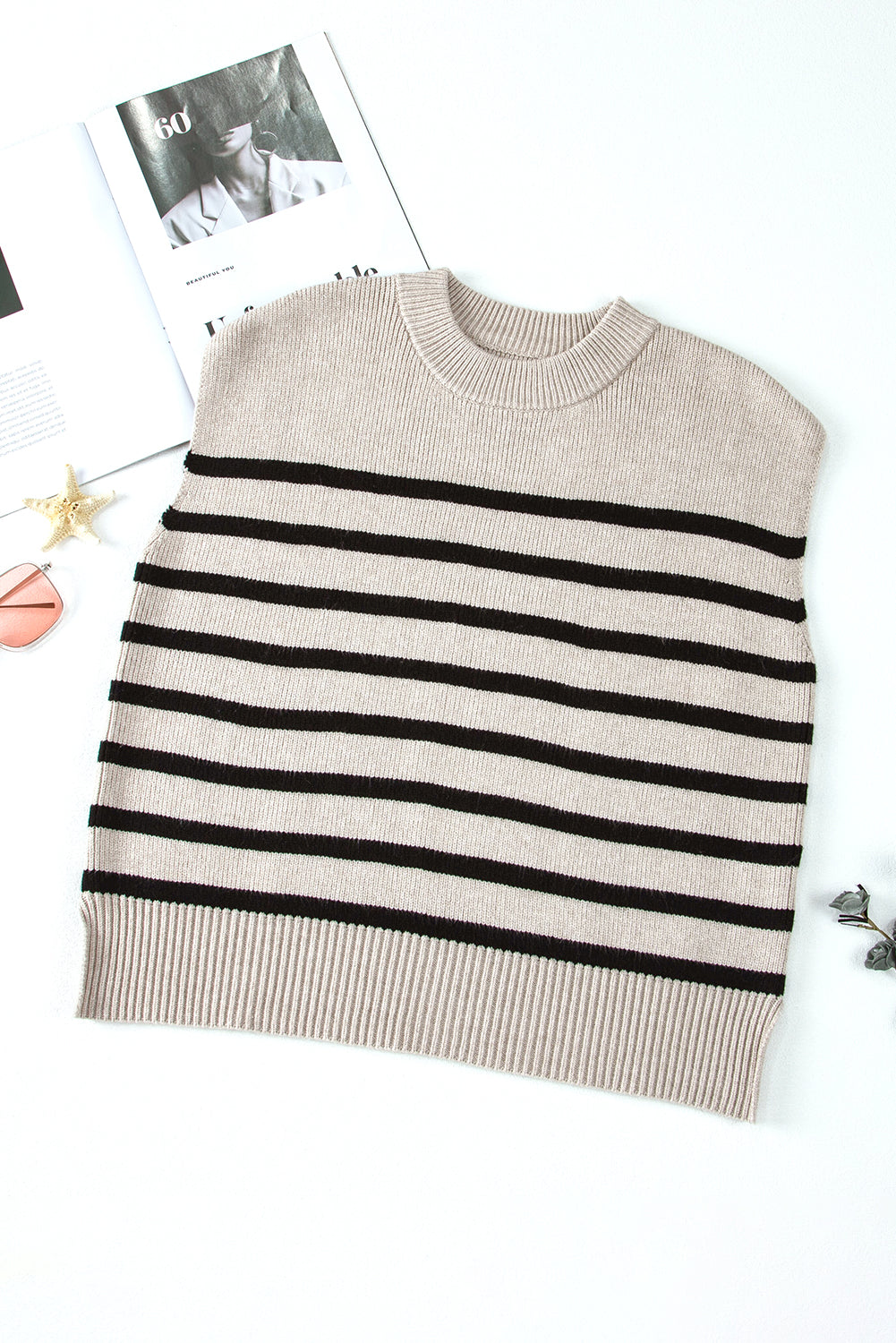 Apricot Stripe Knitted Round Neck Cap Sleeve Top