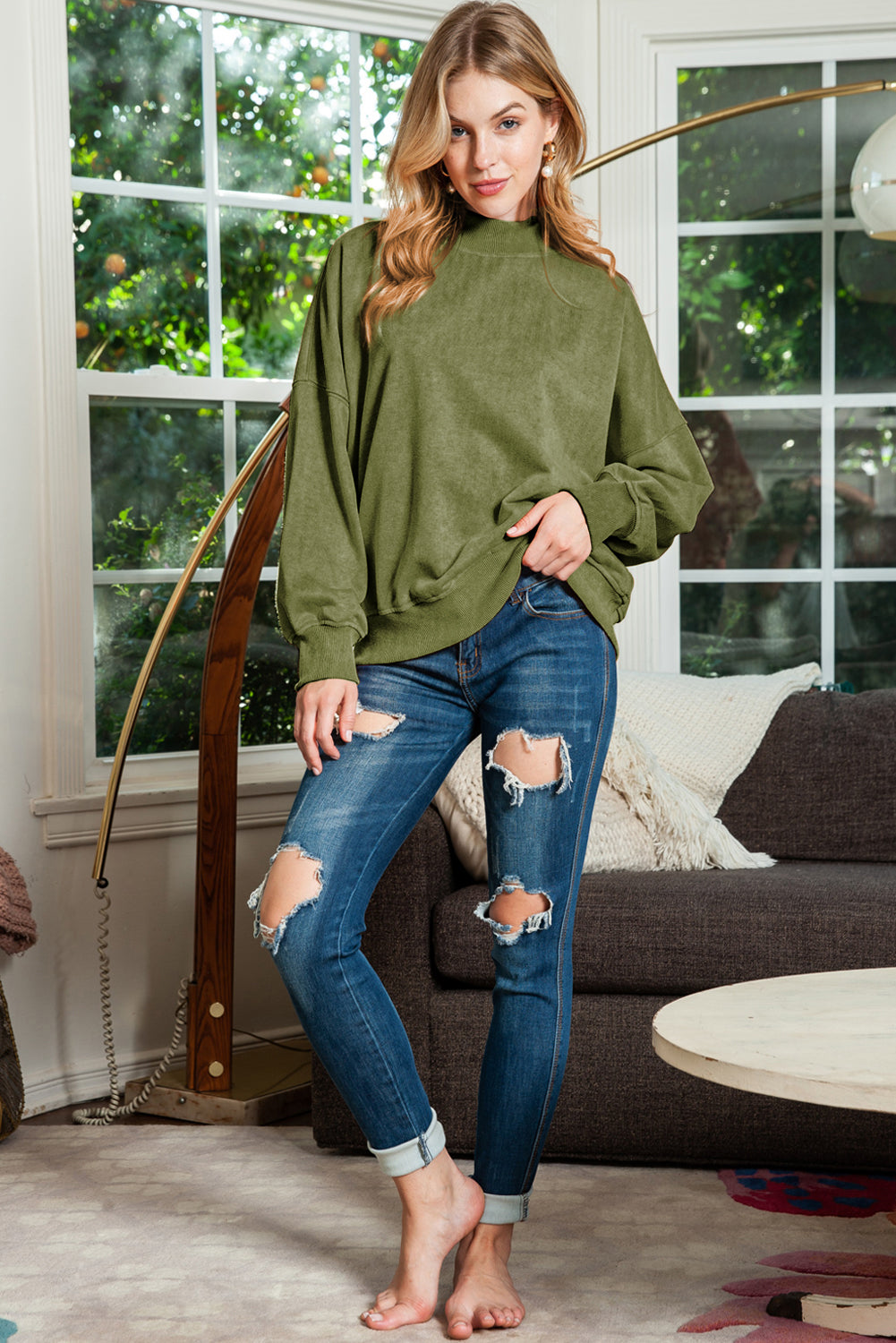 Green Light Plain Washed Drop Shoulder Pullover Sweatshirt