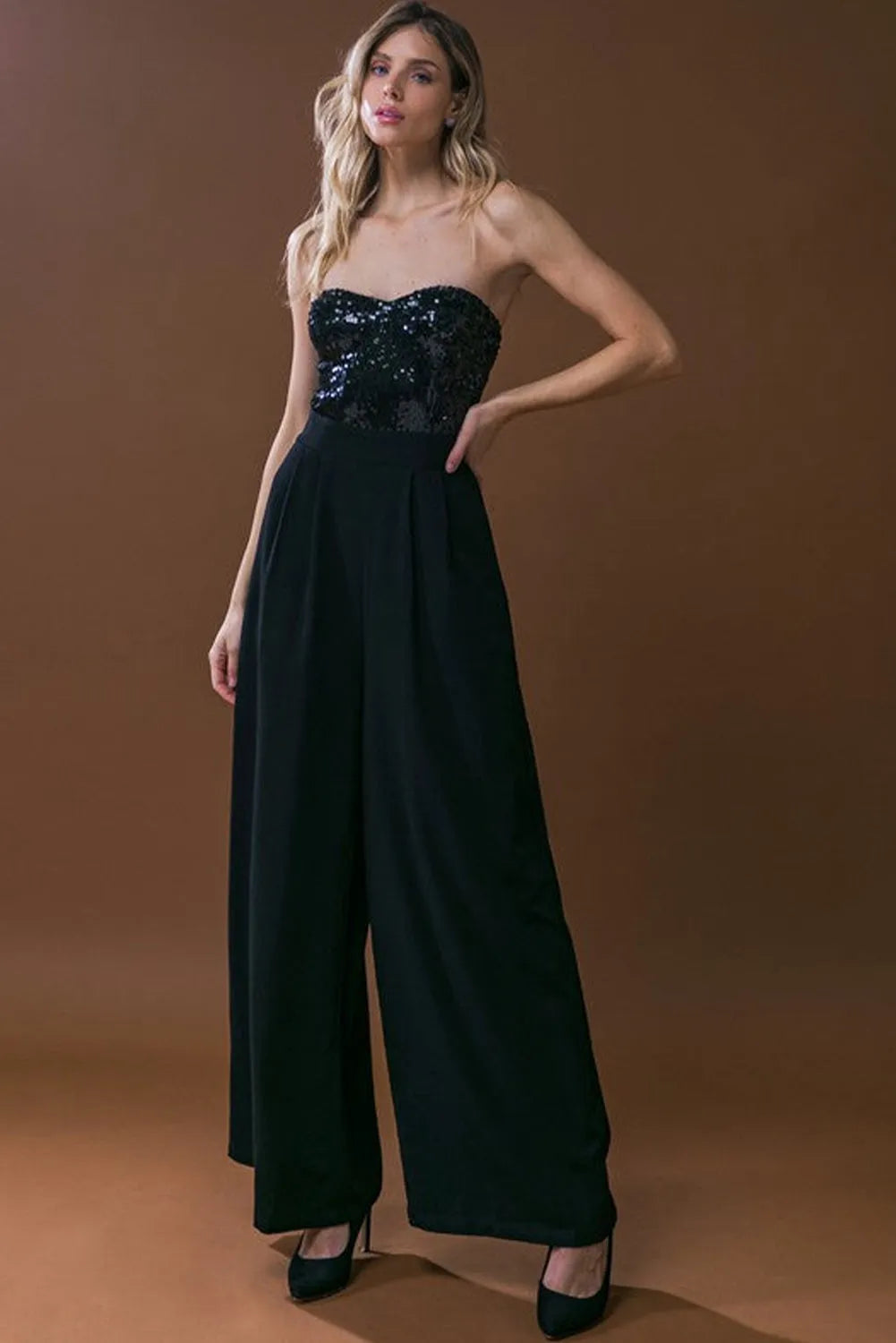 Black Sequin Tube Top Floor Length Wide Leg Jumpsuit