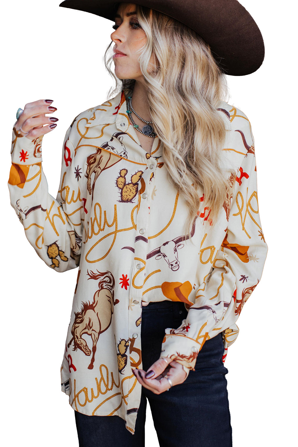 Beige Howdy Animal Pattern Button up Shirt