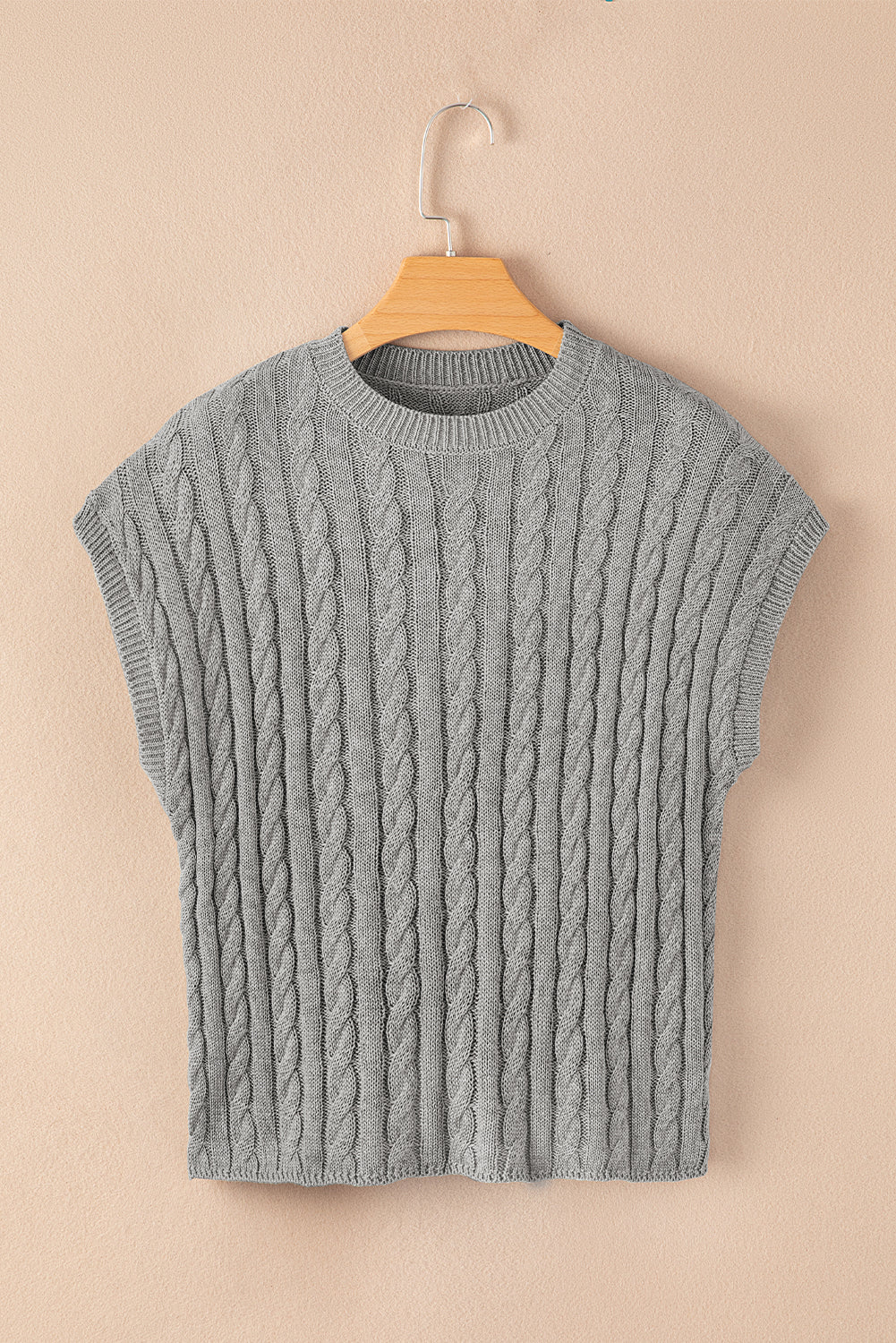 Flaxen Solid Color Cable Knit Short Sleeve Sweater