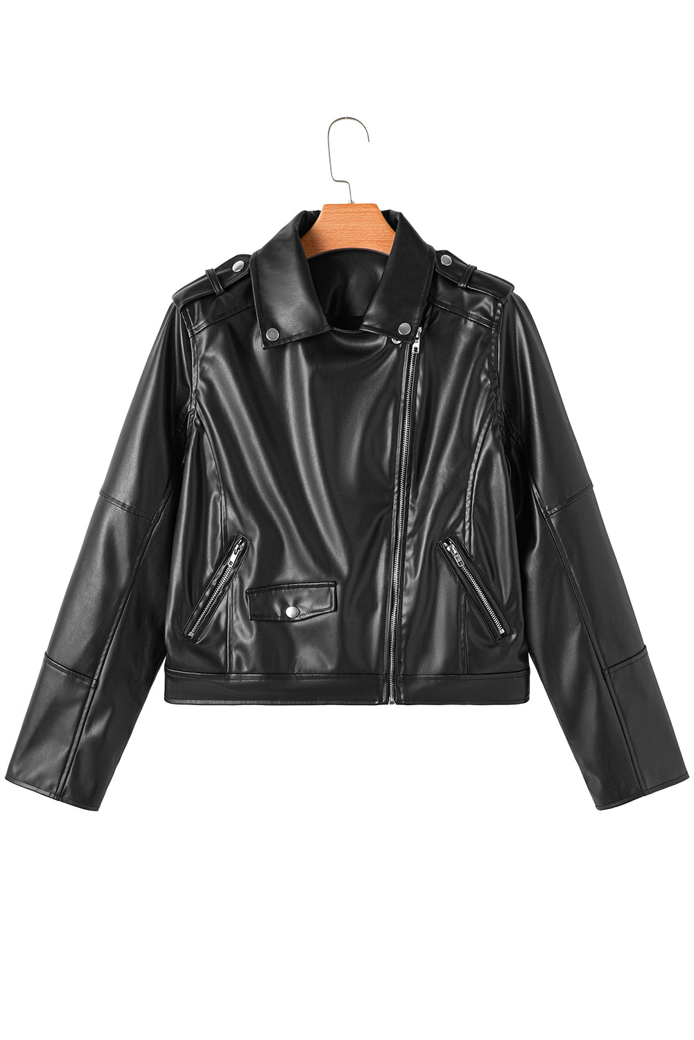 Black PU Leather Lapel Collar Zipper Jacket