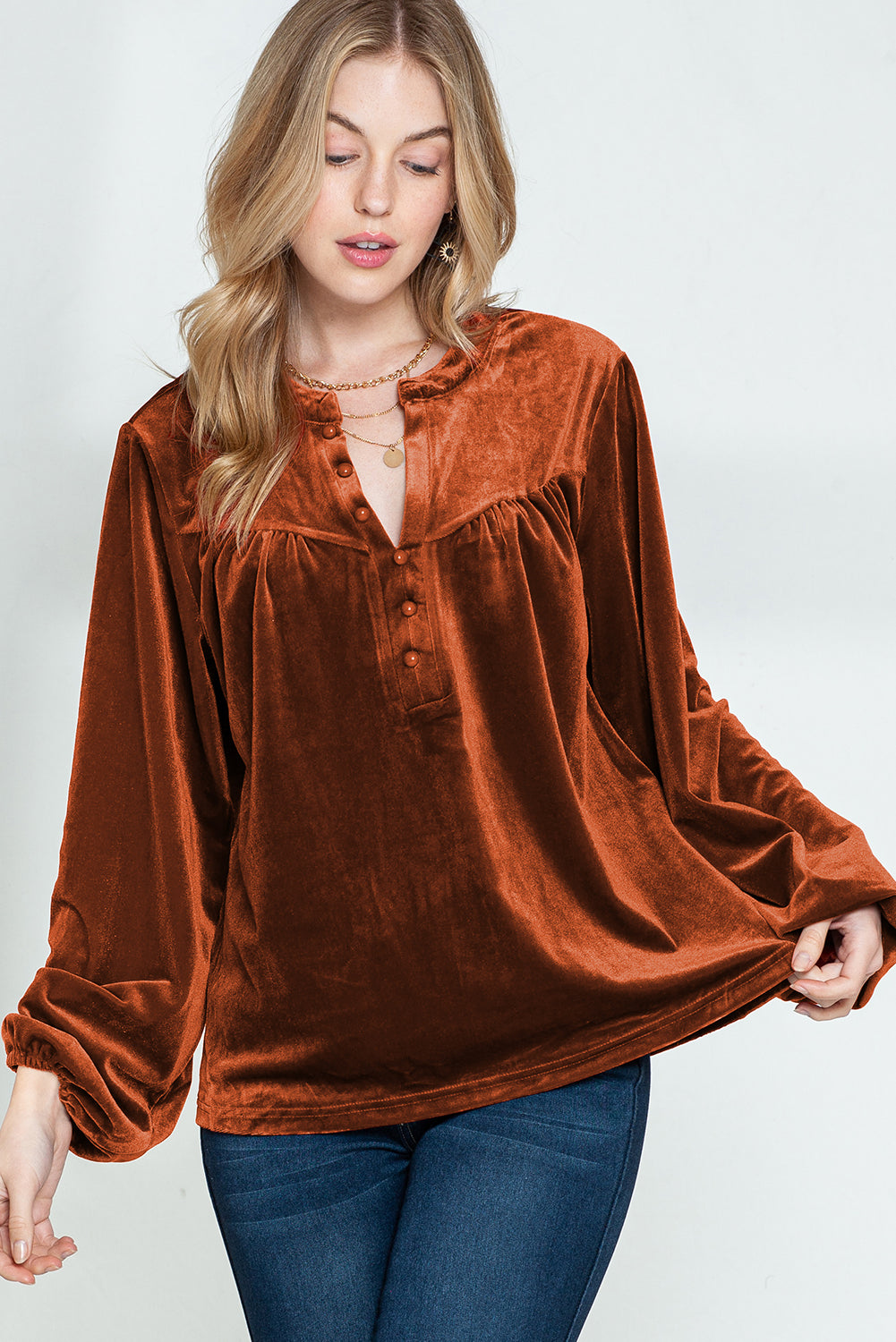 Gold Flame Velvet Beaded V Neck Lantern Sleeve Top