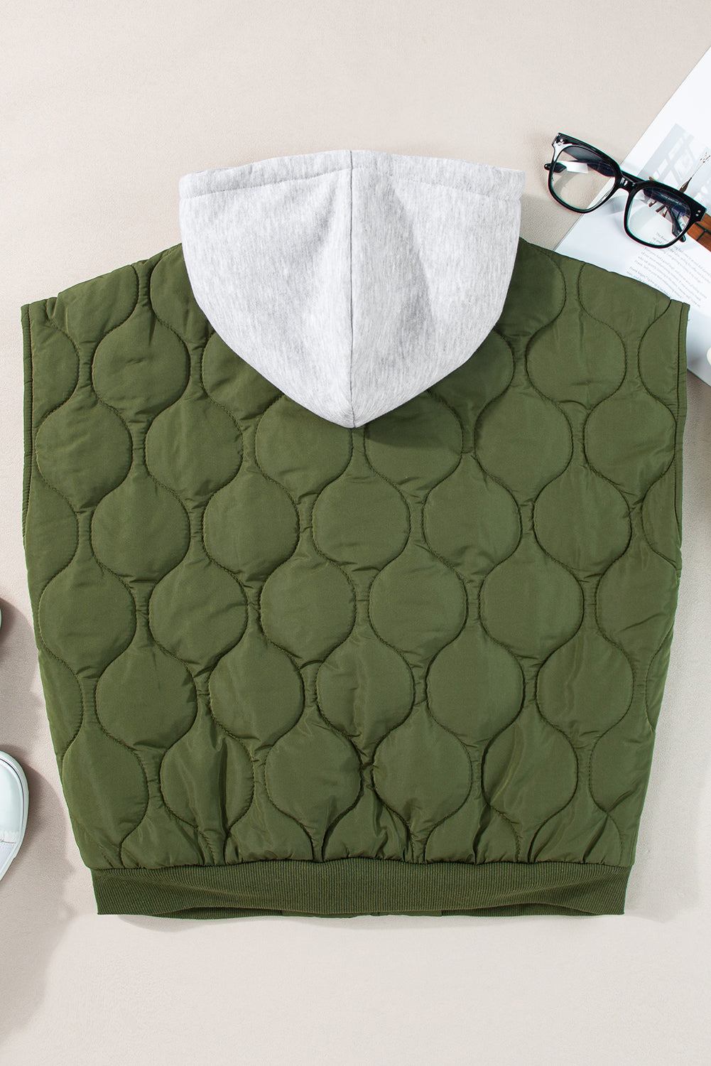 Jungle Green Quilted Drawstring Hooded Zip Up Puffer Vest