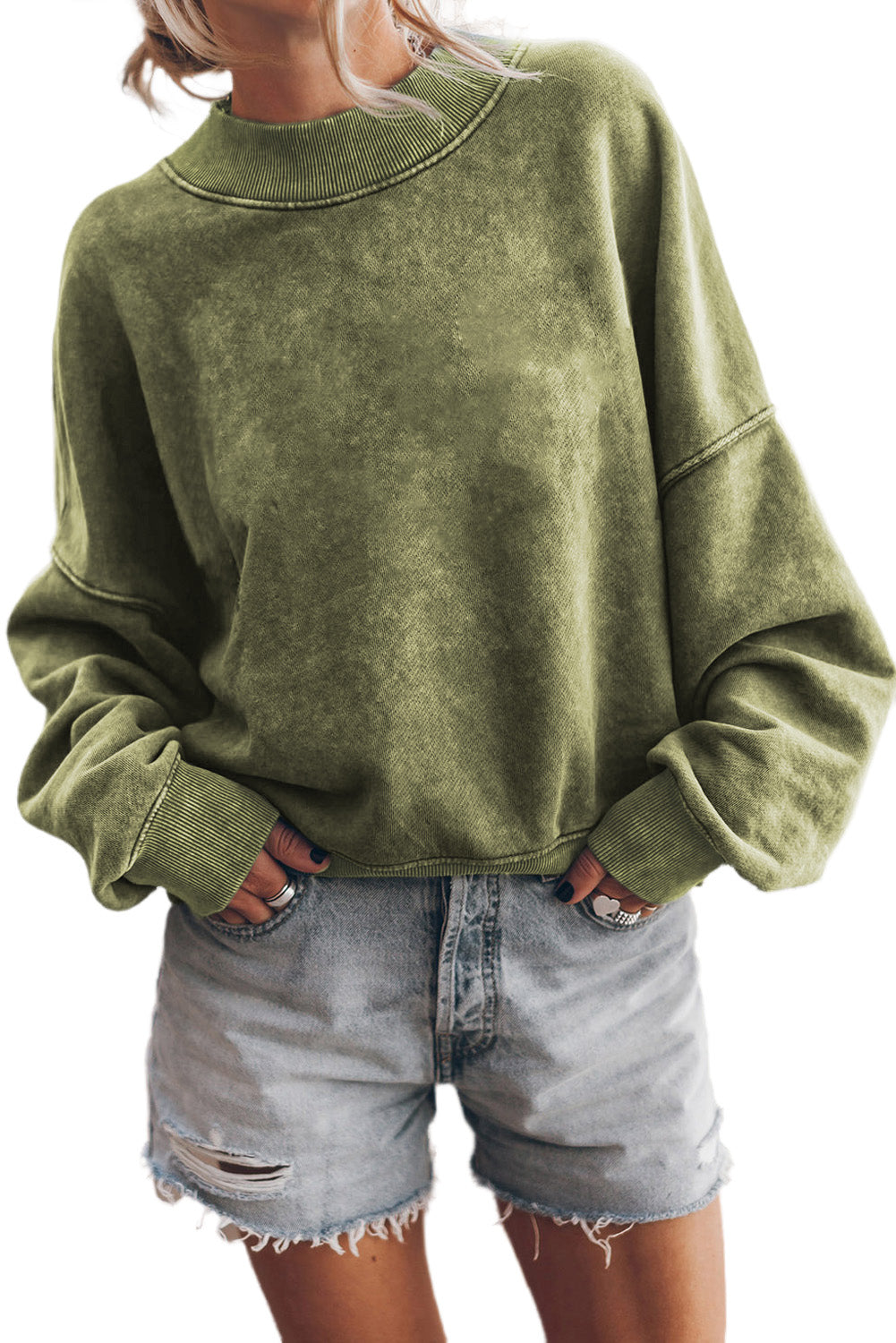 Green Light Plain Washed Drop Shoulder Pullover Sweatshirt