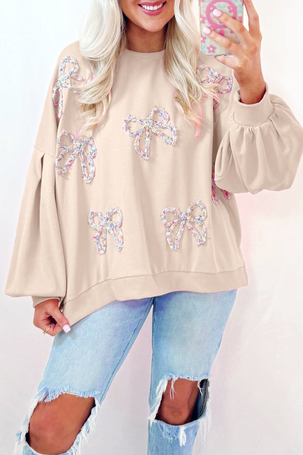 Light Pink Sweet Bow Lantern Sleeve Oversized Pullover Sweatshirt