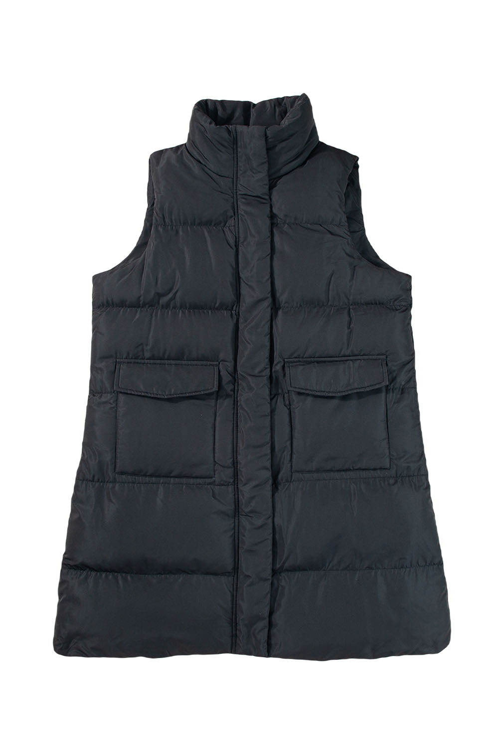 Black Solid Color Puffer Zip Up Pocketed Vest Coat