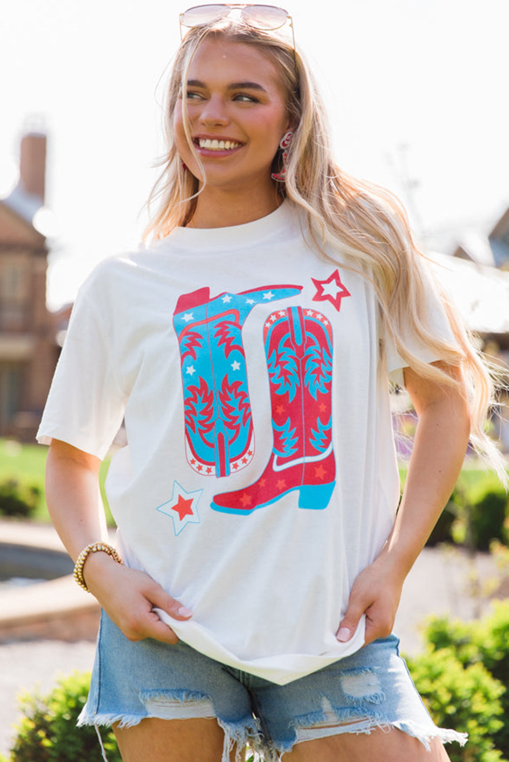 White Casual Boots & Stars Graphic Round Neck T Shirt