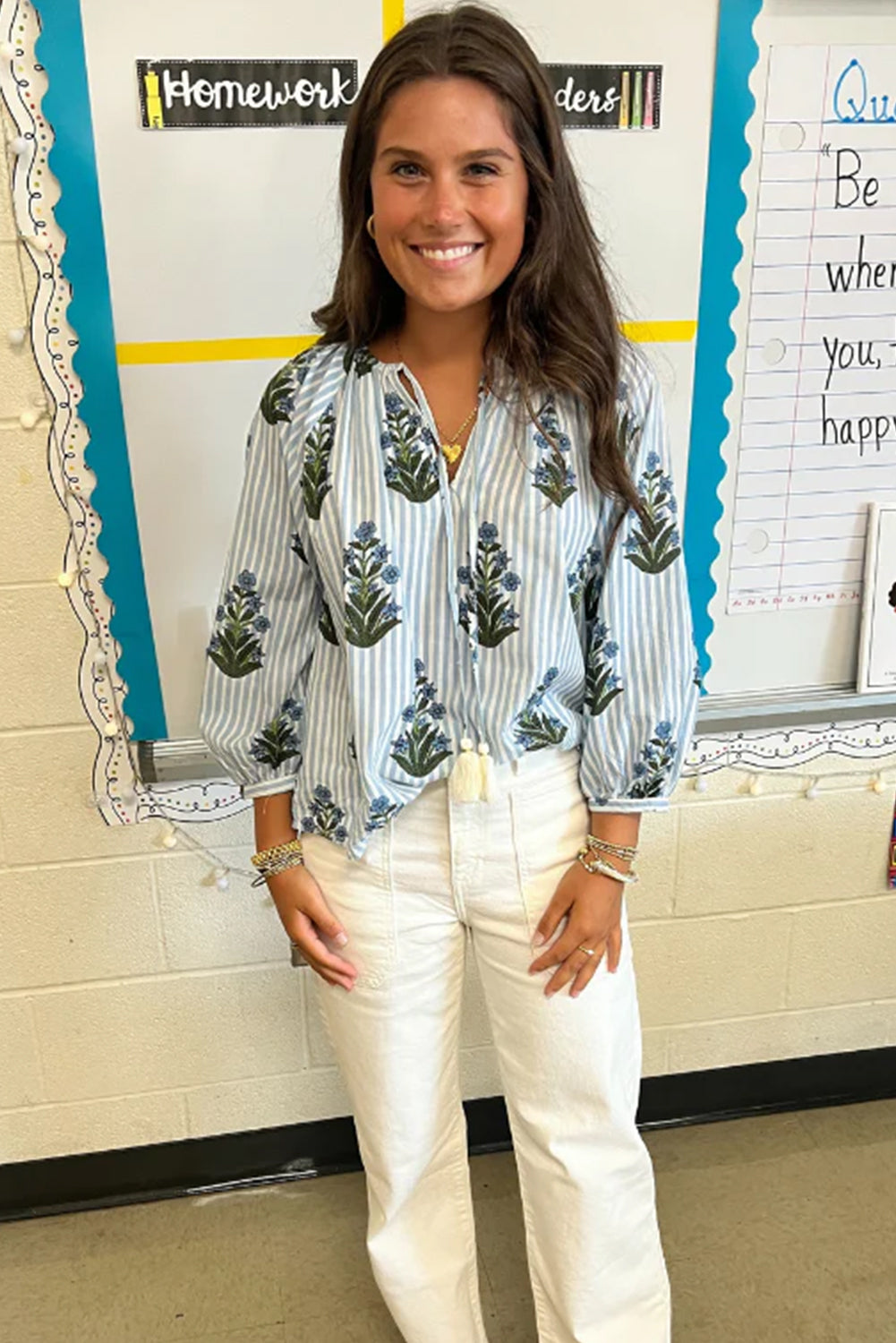 Beau Blue Floral Striped Tie V Neck Long Sleeve Blouse