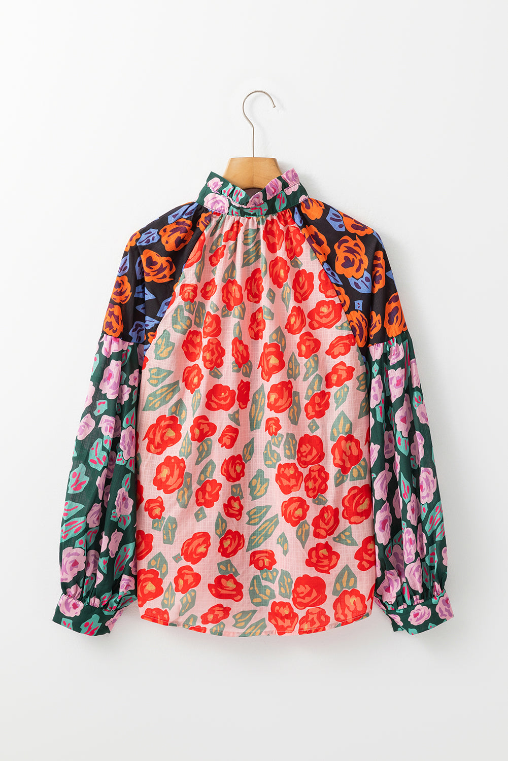 Red Colorblock Floral Print Puff Sleeve Shirt