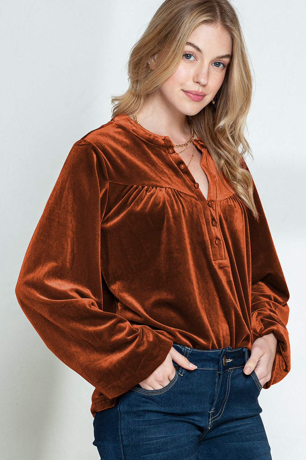 Gold Flame Velvet Beaded V Neck Lantern Sleeve Top