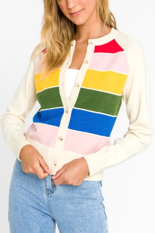 White Striped Colorblock Button Front Knit Cardigan