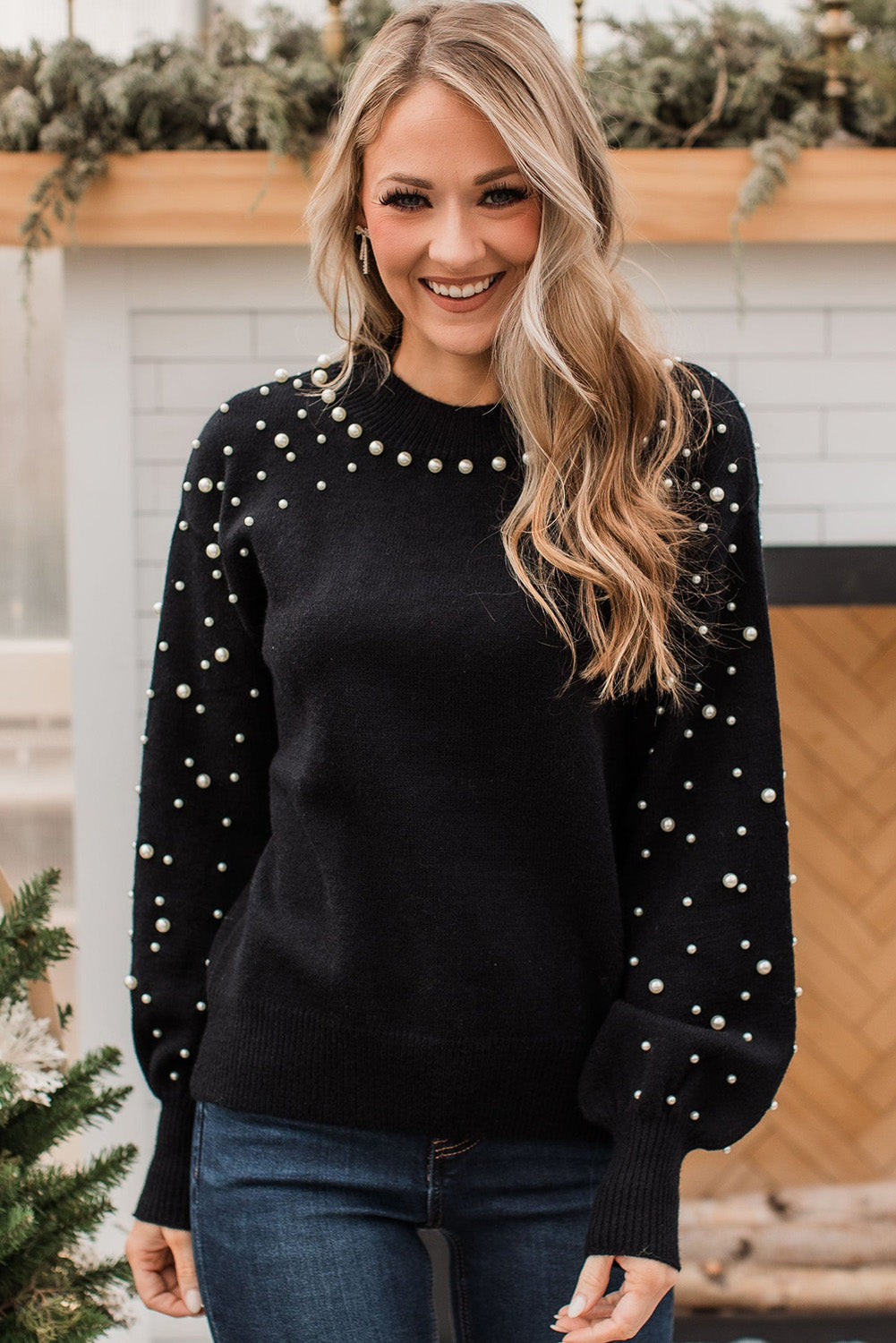 Black Pearl Beaded Bishop Sleeve Sweater