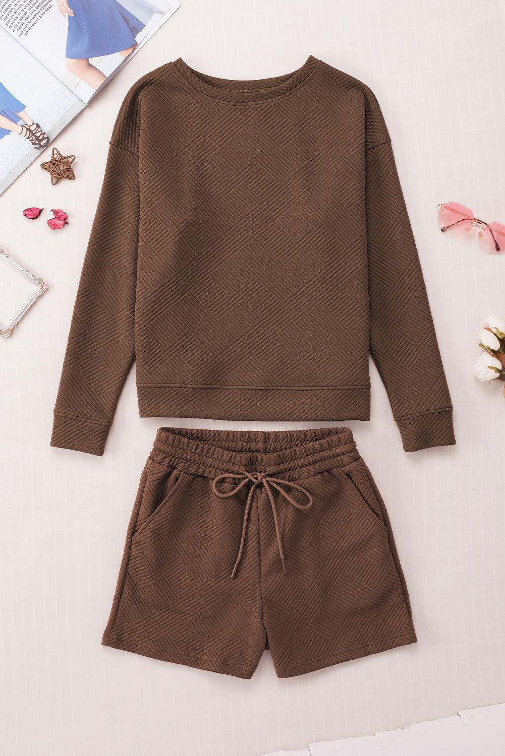 Brown Textured Long Sleeve Top & Drawstring Shorts Set