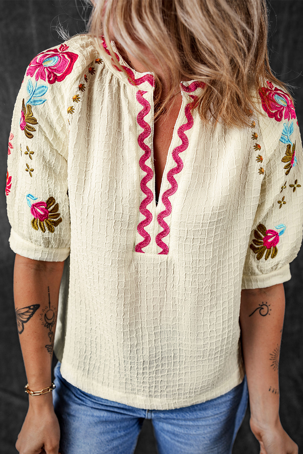 Beige Floral Embroidered Puff Sleeve Ricrac Textured Blouse