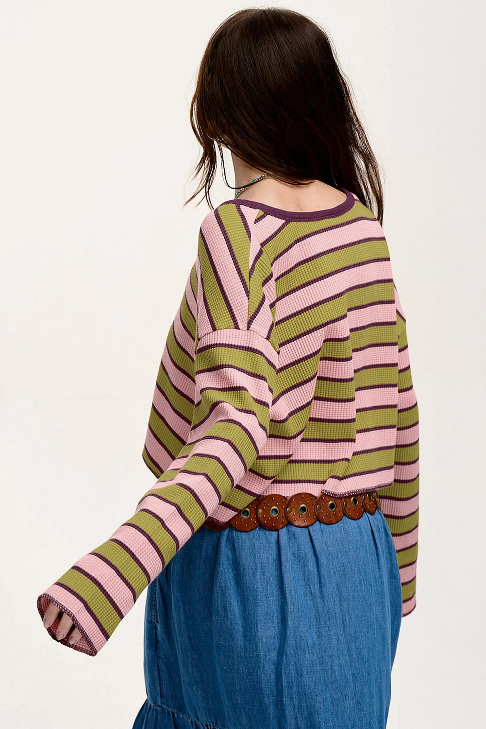 Spinach Green Striped V-Neck Rib-knit Pullover Top