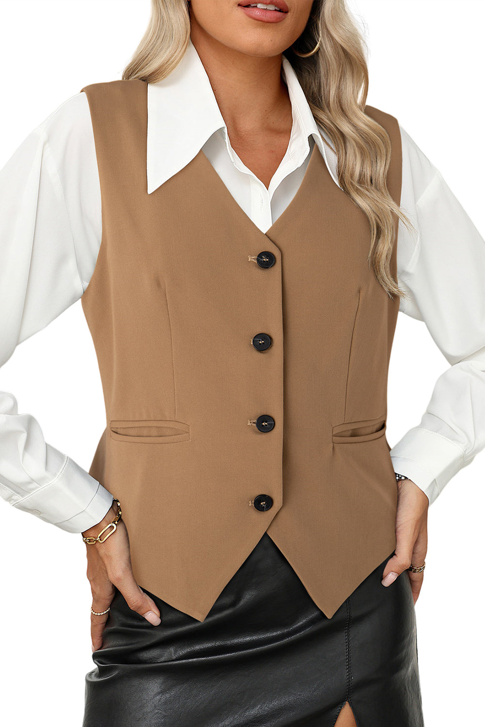 Chestnut Solid Color Button Up V Neck Suit Vest