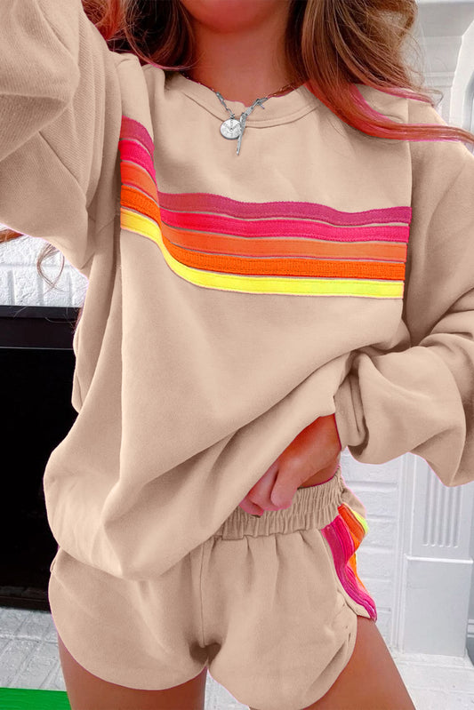 Apricot Colorful Striped Long Sleeve Pullover and Shorts Set