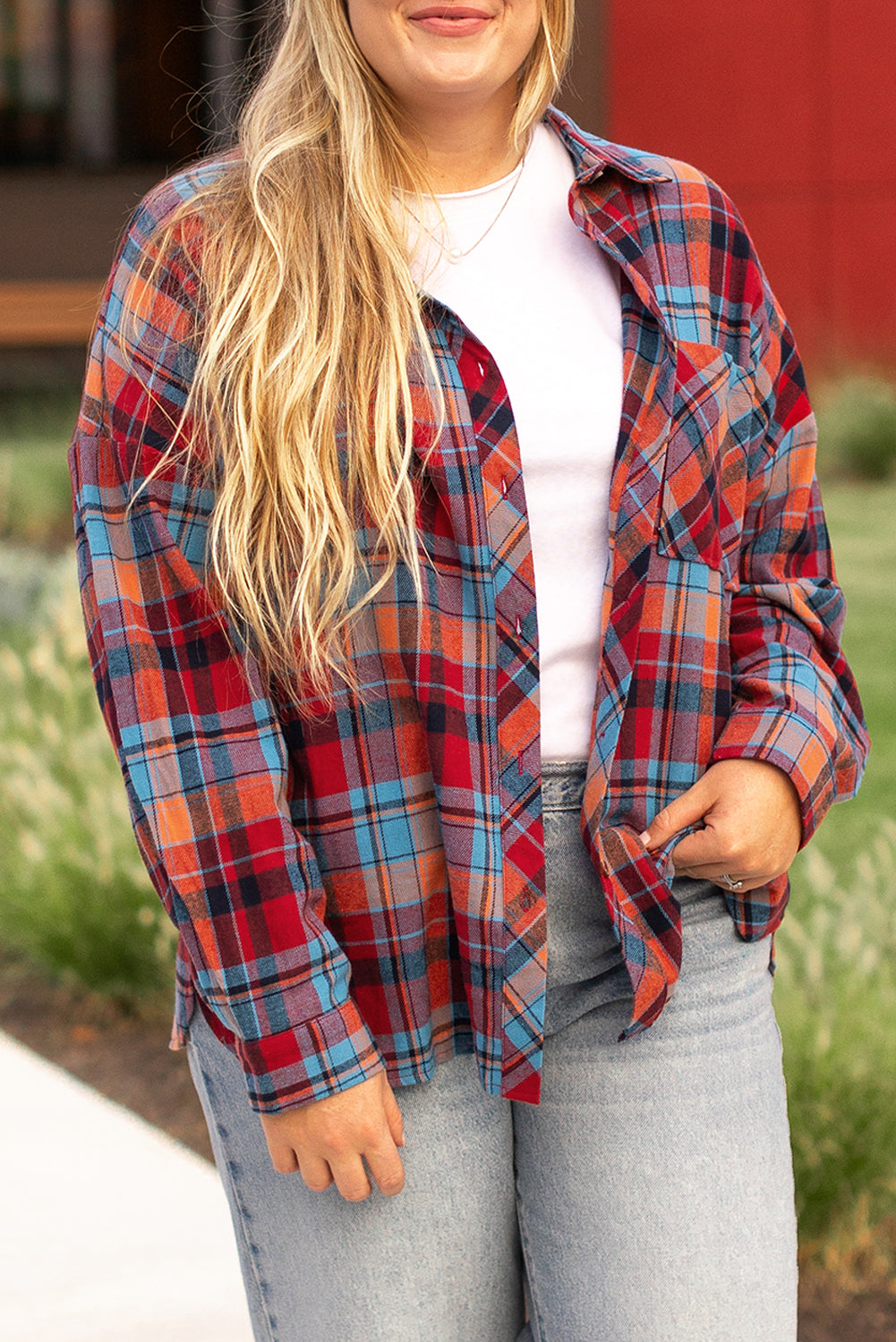 Orange Plus Size Plaid Print Buttoned Shirt