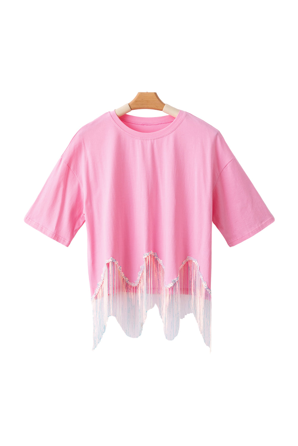 Pink Casual Fringe Sequin Hem Cropped T Shirt