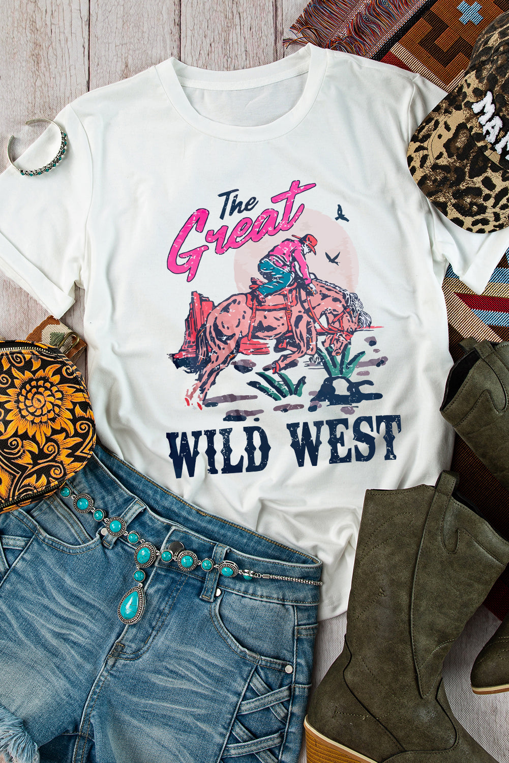 White- The Great WILD WEST Rodeo Graphic Crew Neck T Shirt