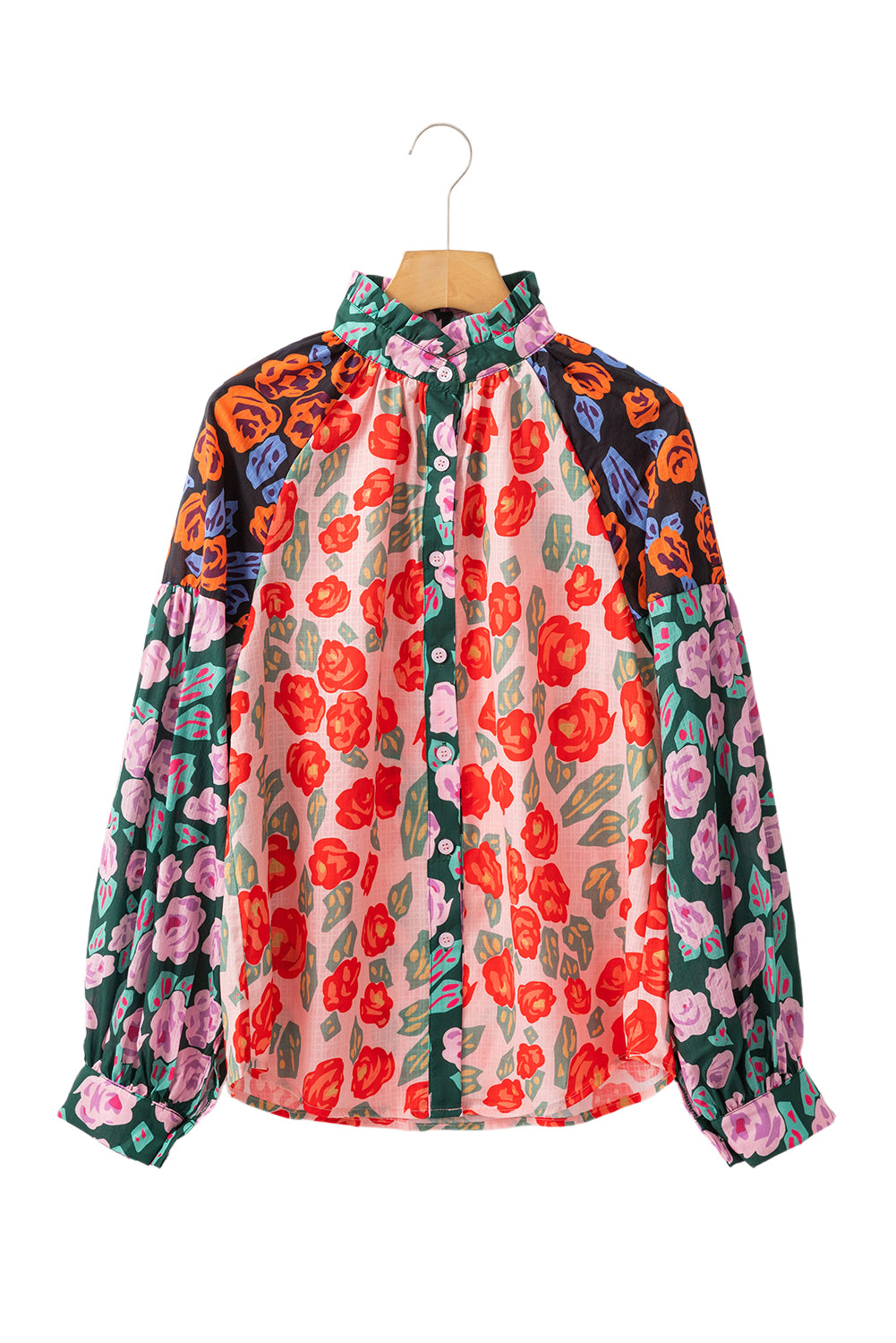 Red Colorblock Floral Print Puff Sleeve Shirt