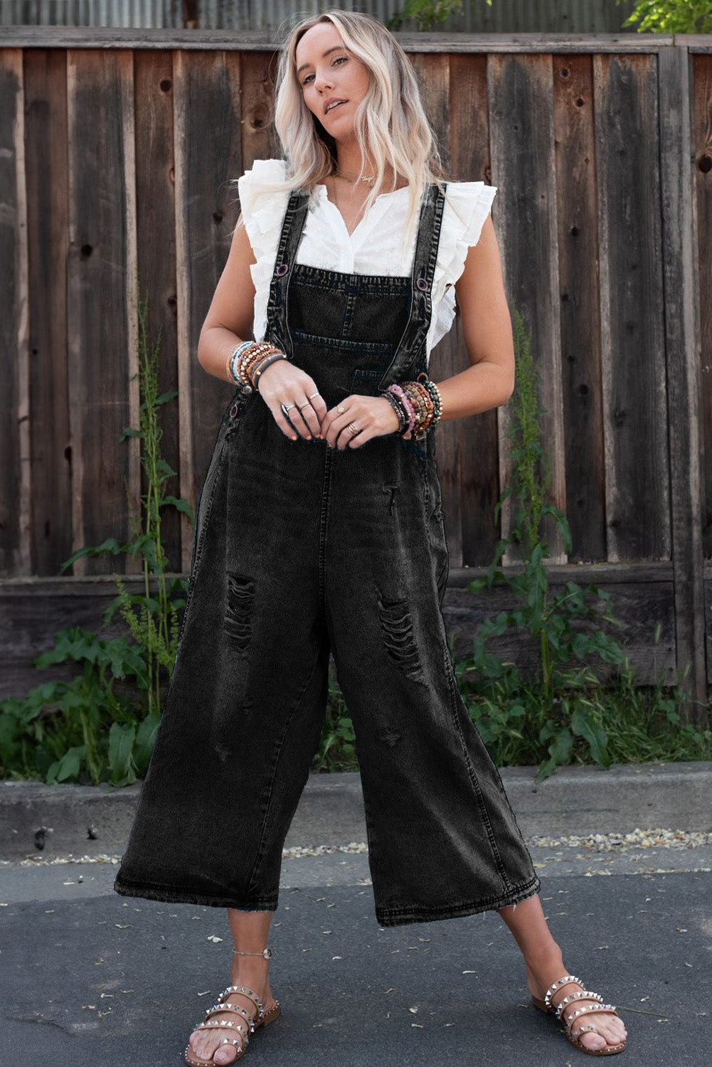 Stone Blue Distressed Bib Pocket Wide Leg Denim Overall