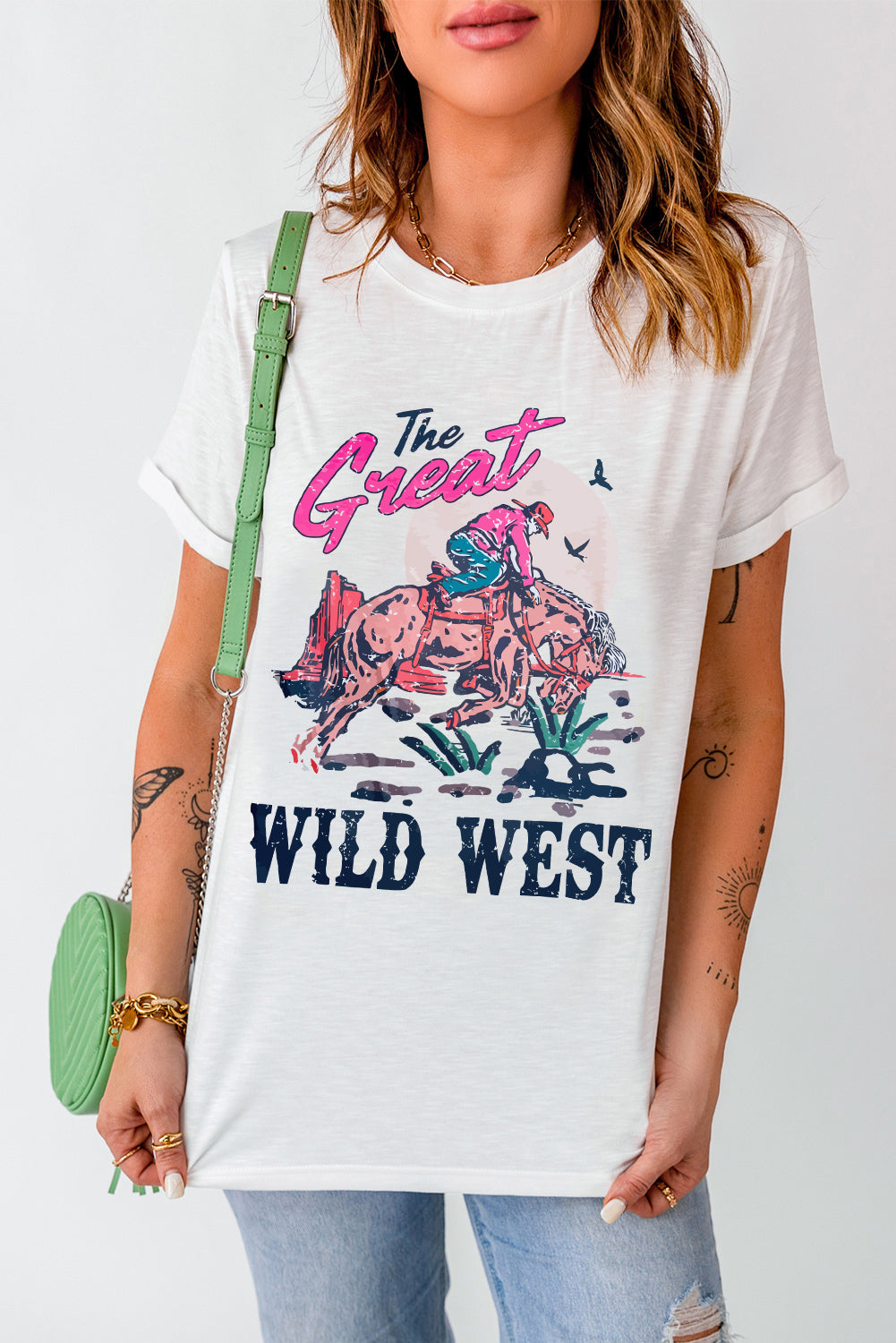 White- The Great WILD WEST Rodeo Graphic Crew Neck T Shirt