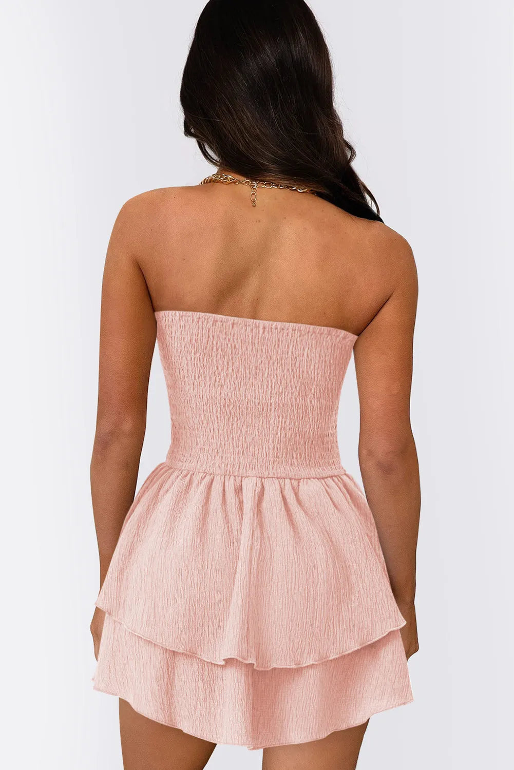 Apricot Pink Crinkled Strapless Layered Short Dress