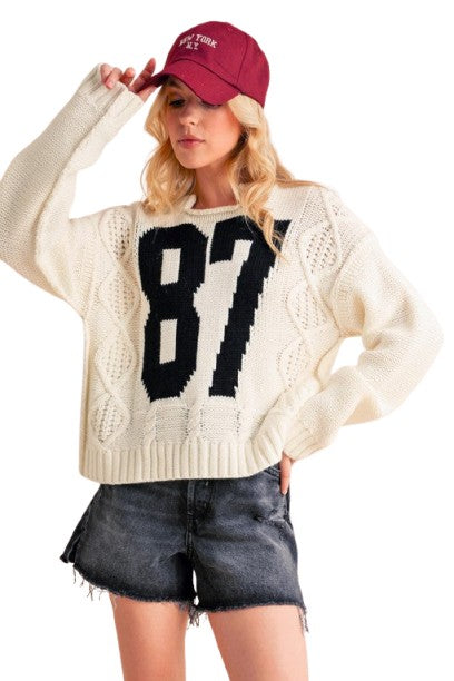 Aemi+Co Contrast Number Cable Knit Drop Shoulder Sweater